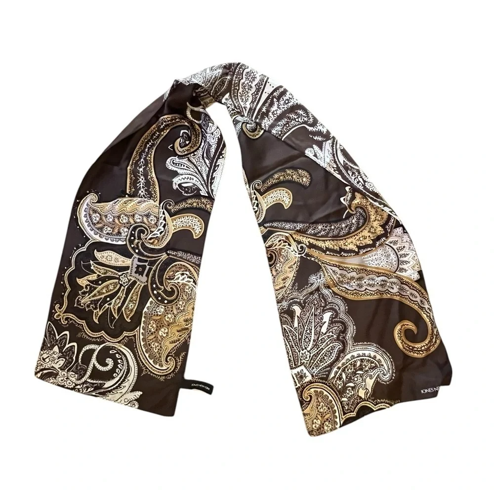 JONES NEW YORK Oblong Silk Scarf, Brown / Gold Bandanna Print